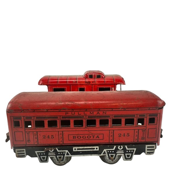 Lot of Two Vintage Marx Tin Railroad Train Passenger Car & Caboose Toy - Picture 3 of 9